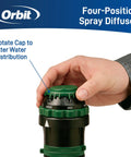 Hand adjusting cap on Four-Position Spray Diffuser, part of the Six Spray Patterns Gear Drive Sprinkler On Metal T Spike
