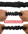 Universal Trimmer Shoulder Strap Harness For Weed Whackers And Leaf Blowers, showing bungee elasticity with hands stretching strap.