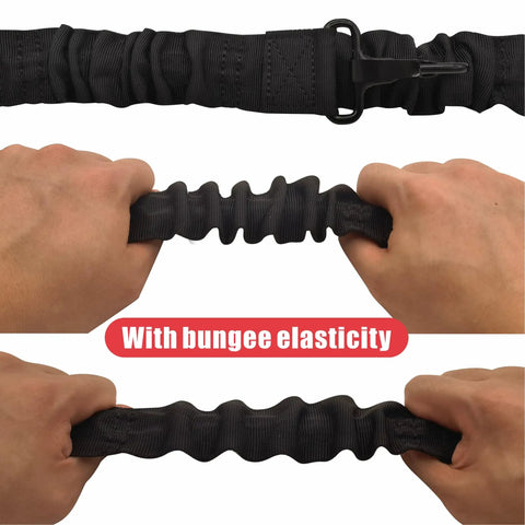 Universal Trimmer Shoulder Strap Harness For Weed Whackers And Leaf Blowers, showing bungee elasticity with hands stretching strap.