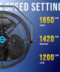 Beefy 12 Inch Outdoor Water-Resistant High-Velocity Wall Mount Fan IPX4 Weatherproof Metal Construction 3 Speed settings display