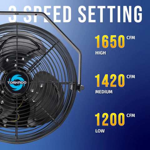 Beefy 12 Inch Outdoor Water-Resistant High-Velocity Wall Mount Fan IPX4 Weatherproof Metal Construction 3 Speed settings display