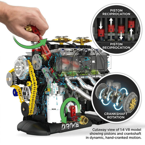 V8 Engine Model Kit For STEM Builders A Real Hands On Build And Drive Display With Full Internal Motion View And Dual Mode Operation Letting You Assemble Observe Run And Show Off A Lean Legit High Tech Mechanical Playground. 1:4 V8 model with hand-cranked piston and crankshaft motion