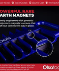 Close-up of Magnetic Grab And Go Portable Socket Organizer Tray showcasing powerful rare earth magnets in blue holder.