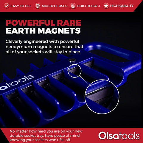 Close-up of Magnetic Grab And Go Portable Socket Organizer Tray showcasing powerful rare earth magnets in blue holder.