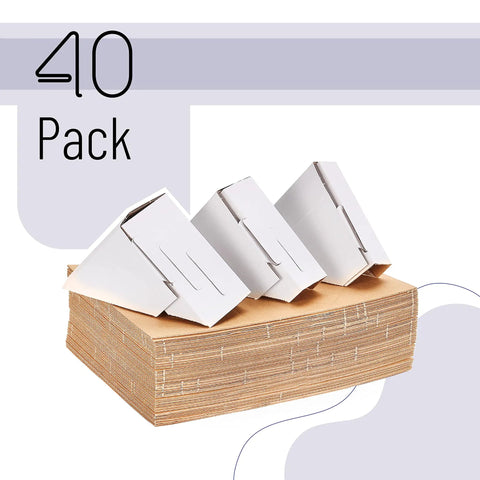 Adjustable Cardboard Corner Protectors For Shipping And Packing Edges Fits One Inch One And A Half Inch And Two Point One Inch Frames 40 Pack Reusable Thick Corrugated Cardboard Edge Protectors For Frames showing stacked and assembled protectors.