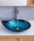 Blue Tempered Glass Vessel Sink With Faucet And Drain Above Counter Bathroom Upgrade Water Drop Style Chrome Finish Premium Modern Glass Sink Combo For Easy Install And Statement Look, showing water flow from chrome faucet