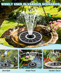 Solar Bird Bath Fountain Pump with 3.5W Glass Panel, White Panel Design, and 2000mAh Battery in garden setting spraying water
