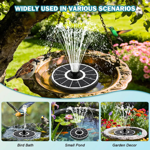 Solar Bird Bath Fountain Pump with 3.5W Glass Panel, White Panel Design, and 2000mAh Battery in garden setting spraying water