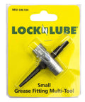 Front view of LockNLube small grease fitting multi-tool in yellow packaging; metal tool on blister card