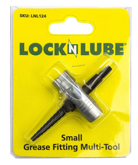 Front view of LockNLube small grease fitting multi-tool in yellow packaging; metal tool on blister card