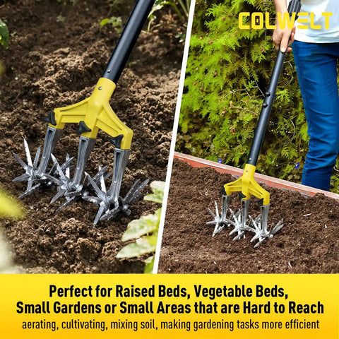 Rotary Cultivator Garden Tool For Loosening Compacted Soil 61 Inch With Detachable Aluminum Tines in use