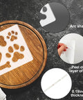 6.69 By 5.9 Inch Acrylic Dog Paw Print And Bone Router Templates showing film peel, thickness, and wooden surface use