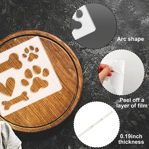 6.69 By 5.9 Inch Acrylic Dog Paw Print And Bone Router Templates showing film peel, thickness, and wooden surface use