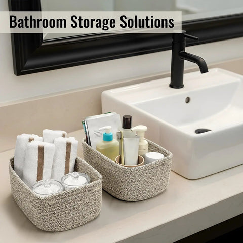 Set Of 8 Small Woven Storage Baskets For Easy Home Organization In Bathroom Closet And Shelves Rope Bin Cubes 11.5 x 7.5 x 4.7 Inches