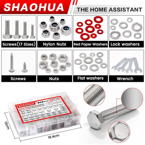 Must Have All In One Hex Head Bolt Kit M3 Through M6 With Nylon Lock Nuts And Washers, 858 Piece Metric Fastener Set For Home Auto And DIY Projects, 17 Sizes From 8mm To 40mm Ready For Any Repair Job. 858-piece steel bolt assortment in storage box