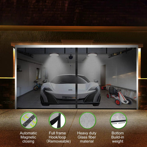 Hands Free Magnetic Garage Screen Door 16x7 Feet For Two Car Garages Fiberglass Mesh with car visible inside