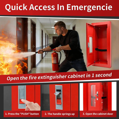 Person using a fire extinguisher with a Sleek Semi Recessed Fire Extinguisher Cabinet With Quick Access Safety Door.