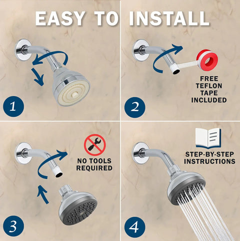 Installation steps for Beast Mode Water Pressure Shower Head With 3 Inch Spray Face Wall Mount Water Saving Low Flow Design.