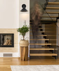 Black Vintage Wireless Battery Operated Wall Sconces Set Of Two Cordless Led Industrial Light Fixtures With Remote Control No Wiring Drama Quick Peel Stick Mount For Bedroom Farmhouse Cool Lounge Ambiance, mounted above a wooden stairway.