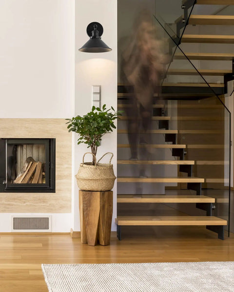 Black Vintage Wireless Battery Operated Wall Sconces Set Of Two Cordless Led Industrial Light Fixtures With Remote Control No Wiring Drama Quick Peel Stick Mount For Bedroom Farmhouse Cool Lounge Ambiance, mounted above a wooden stairway.