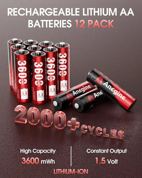 Rechargeable AA Lithium Batteries With 12 Slot Charger, 12 Pack 3600mWh Li Ion AAs, 1.5V, 2000+ Cycles, Red, close-up view