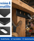 Heavy Duty Roof Rack Mounting Brackets Set 6 Inch By 1.5 Inch Steel Plates, 10 Pack, Cold Rolled Black Finish, Rust Resistant, Beefy Mounting Hardware For SUVs Vans Trucks. Black steel mounting bracket on wood beam with bolt hole detail.