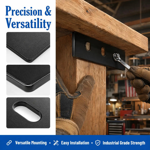 Heavy Duty Roof Rack Mounting Brackets Set 6 Inch By 1.5 Inch Steel Plates, 10 Pack, Cold Rolled Black Finish, Rust Resistant, Beefy Mounting Hardware For SUVs Vans Trucks. Black steel mounting bracket on wood beam with bolt hole detail.