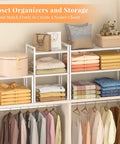 3 Pack Expandable Metal Closet Organizer Shelves for Clothes Shoes Pantry arranged with folded clothes and storage boxes.