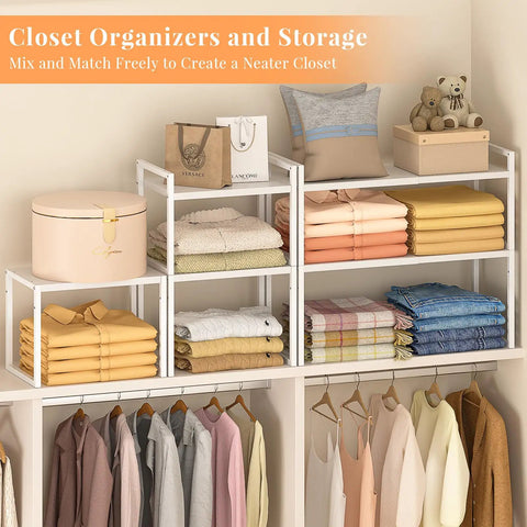 3 Pack Expandable Metal Closet Organizer Shelves for Clothes Shoes Pantry arranged with folded clothes and storage boxes.