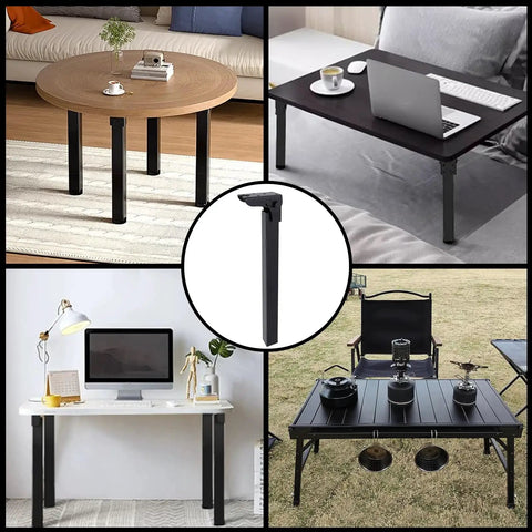 Top Shelf Folding Table Legs 13 8 Inch Rock Solid Metal Collapsible Furniture Stand With Self Locking Design Hassle Free Mounting Kit Matte Black Eight Pack displayed in various setups.