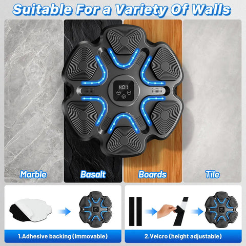 Dope Music Boxing Machine With Bluetooth Punching Trainer For Home Gym Wall Mounted LED Target on various wall surfaces.
