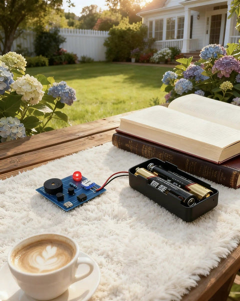 Hands On Soldering Practice Kit For Electronics Newbies on table with books in garden setting with coffee