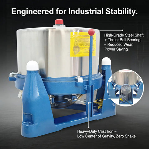 Industrial Centrifugal Dehydrator Beast For 55 Pound Solid Liquid Separator Biomass Oil Extraction And Textile Hardware Drying Stainless Steel 960 RPM 220V Three Phase showing blue base and steel drum
