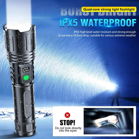 Rechargeable 2000 Lumens LED Flashlight With Long Beam Power Display IPX5 Waterproof 20 Hour Runtime 5 Modes Zoomable Handheld Light
