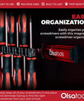 Magnetic Screwdriver Organizer With Ultra Strong Neodymium Magnets And Foam Backing Doubles As Toolbox Space Saver Holds Up To 16 Screwdrivers Red Tool Holder For Steel Surfaces Heavy Duty Rack displayed with screwdrivers.