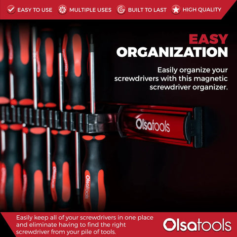 Magnetic Screwdriver Organizer With Ultra Strong Neodymium Magnets And Foam Backing Doubles As Toolbox Space Saver Holds Up To 16 Screwdrivers Red Tool Holder For Steel Surfaces Heavy Duty Rack displayed with screwdrivers.
