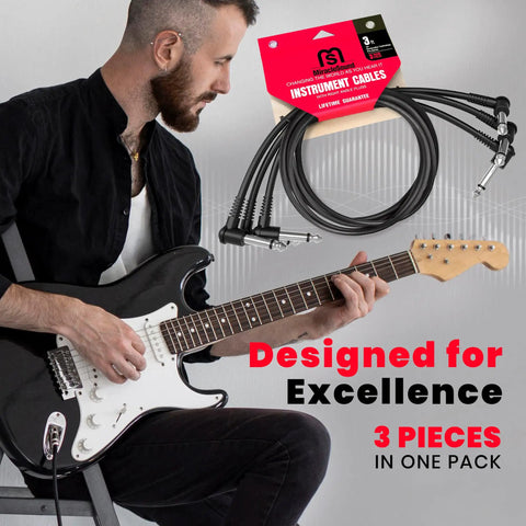 Musician using Three Foot Guitar Patch Cable With Right Angle Plug For Pedalboard Effects, Gig Ready And Stage Friendly, Ideal For Electric Guitar And Bass, Durable 3 Pack, Studio Ready Instrument Cable