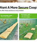 Side-by-side view of securing methods for Essential Series 18x9x6.6ft Metal Chicken Coop Run with bags and stakes.