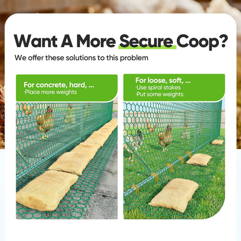 Side-by-side view of securing methods for Essential Series 18x9x6.6ft Metal Chicken Coop Run with bags and stakes.