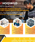 Clear Safety Glasses Bulk 80 Pack For Construction, Lab And Outdoor Work, ANSI Z87.1 Approved, Scratch And Impact Resistant Eyewear For Men And Women displayed in promotional image with woman working in background.