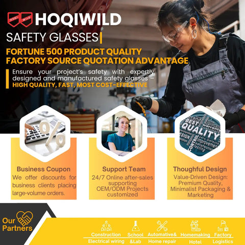 Clear Safety Glasses Bulk 80 Pack For Construction, Lab And Outdoor Work, ANSI Z87.1 Approved, Scratch And Impact Resistant Eyewear For Men And Women displayed in promotional image with woman working in background.