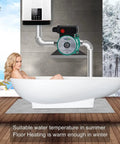 Heavy Duty 3 Speed Hot Water Circulation Pump For Households And Mansions Food Grade Stainless Steel Build Quiet Recirculating Design With Npt 34 Inch Ports For NoFuss Setup And Everyday Plumbing Performance, installed in a bathroom with a woman in a bathtub.