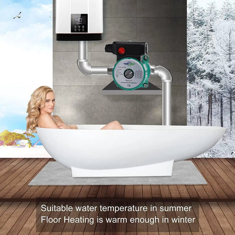Heavy Duty 3 Speed Hot Water Circulation Pump For Households And Mansions Food Grade Stainless Steel Build Quiet Recirculating Design With Npt 34 Inch Ports For NoFuss Setup And Everyday Plumbing Performance, installed in a bathroom with a woman in a bathtub.