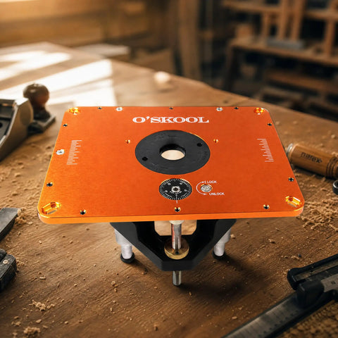 Heavy Duty Router Table Lift System For 4 2 Inch Router Motors With Solid Aluminum Base Plate detailed from top view.