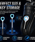 Pressure Golf Ball Retriever With Thick Stainless Steel Shaft And Rubber Grip - Dual-Sided Rubber Head displayed with golf bag storage.