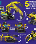 LECPOP 5-in-1 STEM robotics building kit with 430 pieces; yellow RC excavator and four other models for kids ages 6-14