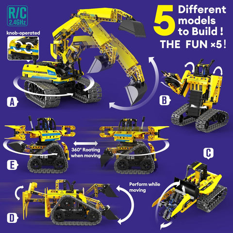 LECPOP 5-in-1 STEM robotics building kit with 430 pieces; yellow RC excavator and four other models for kids ages 6-14