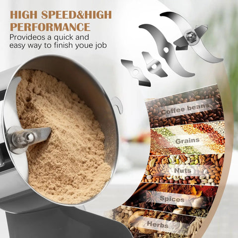 Heavy Duty 800G Electric Grain Grinder Mill 2000W Swing Type High Speed Pulverizer grinding grains with blades and ingredients shown