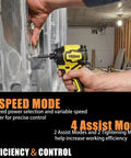 Person using Compact Cordless Impact Driver With 1/4 Inch Hex And 4-1/4 Inch Head Only 2 Lb Weight Brushless Motor Delivers 2035 Inch Pounds Torque Four Speed Settings LED Light Tool Only No Battery Or Charger Compatible With DeWalt 20V Batteries on metal framework, showcasing 4-speed mode and assist modes.