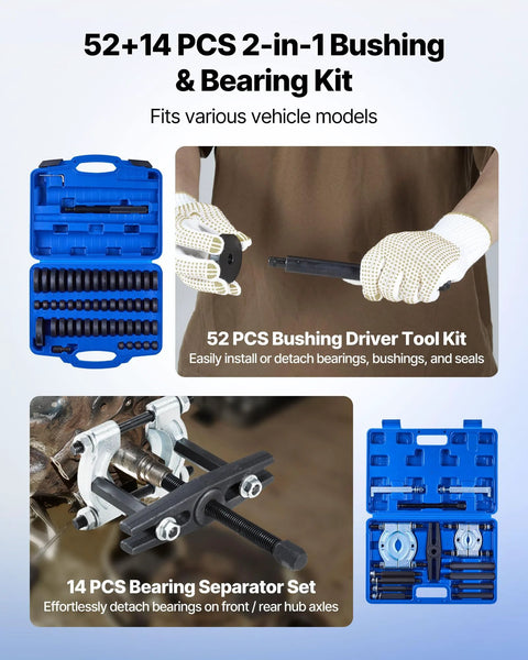 52 Piece Custom Bushing Bearing And Seal Driver Set And 14 Piece Bearing Puller Kit with tools and blue cases in use